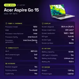 Portátil Acer Aspire Go 15 16GB/1TB 15,6 polegadas Full HD TN Intel Core 5 120U SSD NVMe PCIe 4.0 Sem Sistema Operativo Prata AG15-72P-56T4 - características