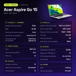 Portátil Acer Aspire Go 15 16GB/1TB 15,6 polegadas Full HD TN Intel Core 5 120U SSD NVMe PCIe 4.0 Sem Sistema Operativo Prata AG15-72P-56T4 - características