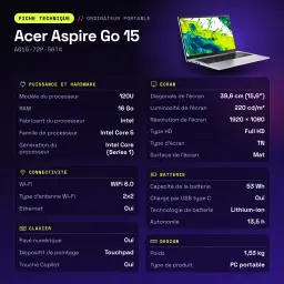 Portátil Acer Aspire Go 15 16GB/1TB 15,6 polegadas Full HD TN Intel Core 5 120U SSD NVMe PCIe 4.0 Sem Sistema Operativo Prata AG15-72P-56T4 - características
