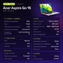Portátil Acer Aspire Go 15 16GB/1TB 15,6 polegadas Full HD TN Intel Core 5 120U SSD NVMe PCIe 4.0 Sem Sistema Operativo Prata AG15-72P-56T4 - características