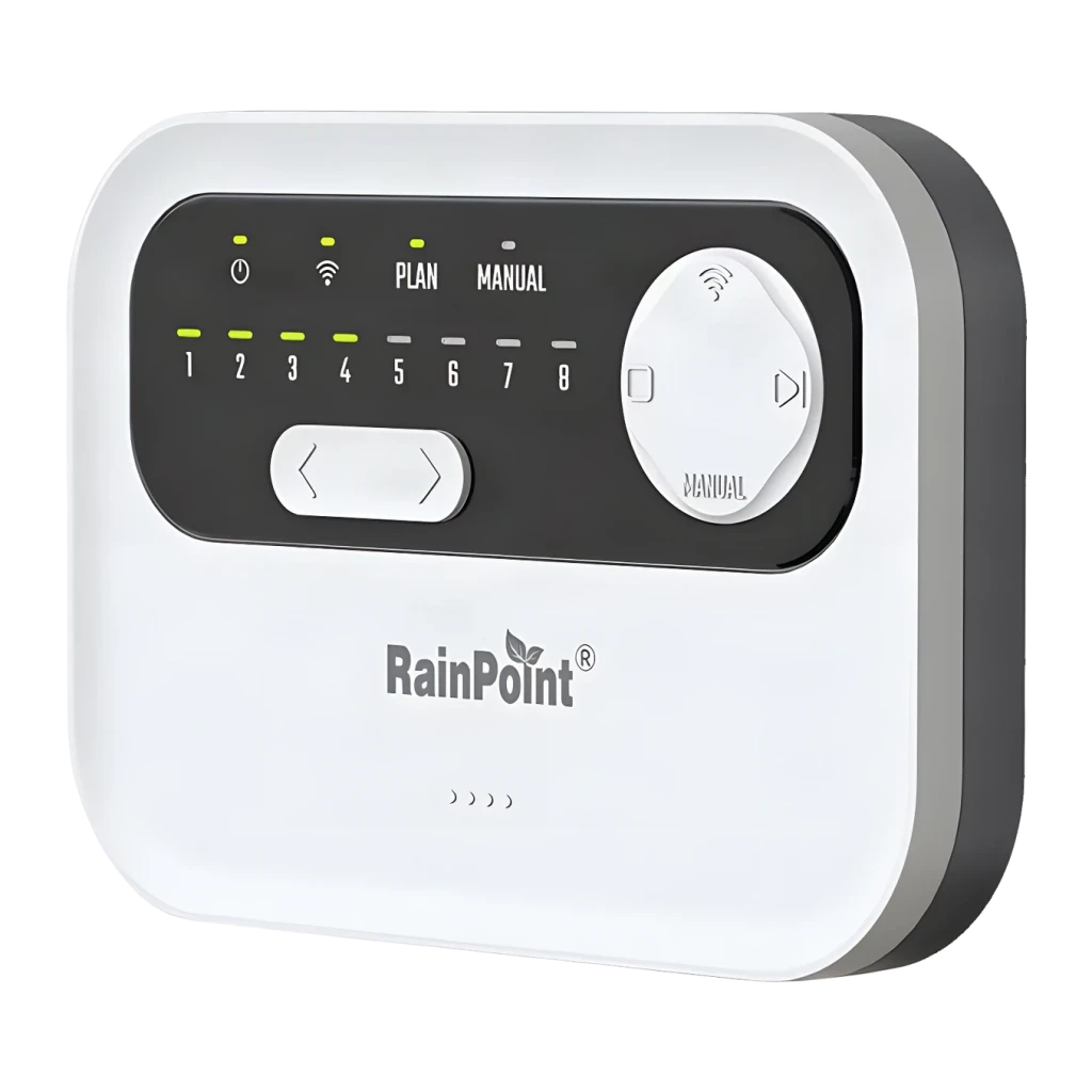 Programador de riego RainPoint Negro WiFi AC 24V HIC801W, vista frontal: panel negro con 8 zonas LED, dial y botones PLAN