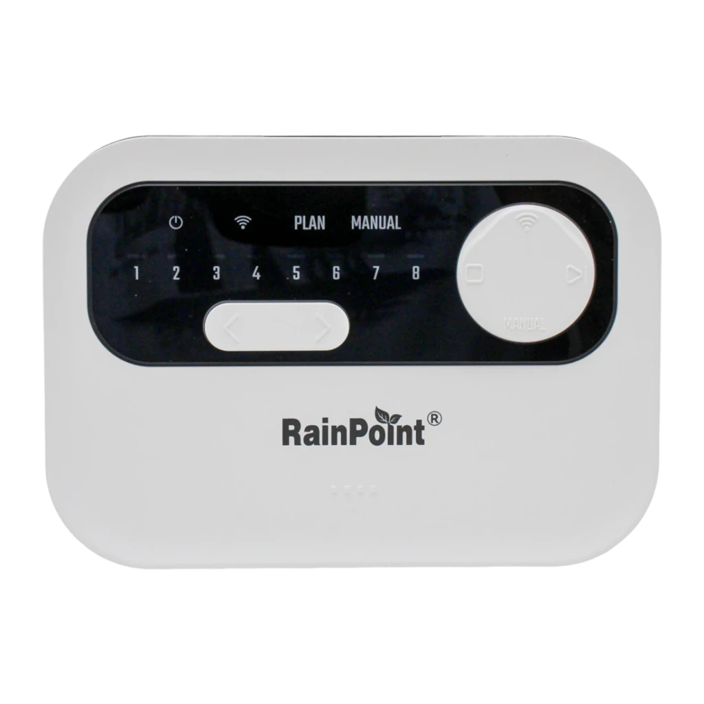 Programador de riego RainPoint Negro WiFi AC 24V HIC801W, detalle frontal: panel táctil con 8 zonas, botones PLAN y MANUAL