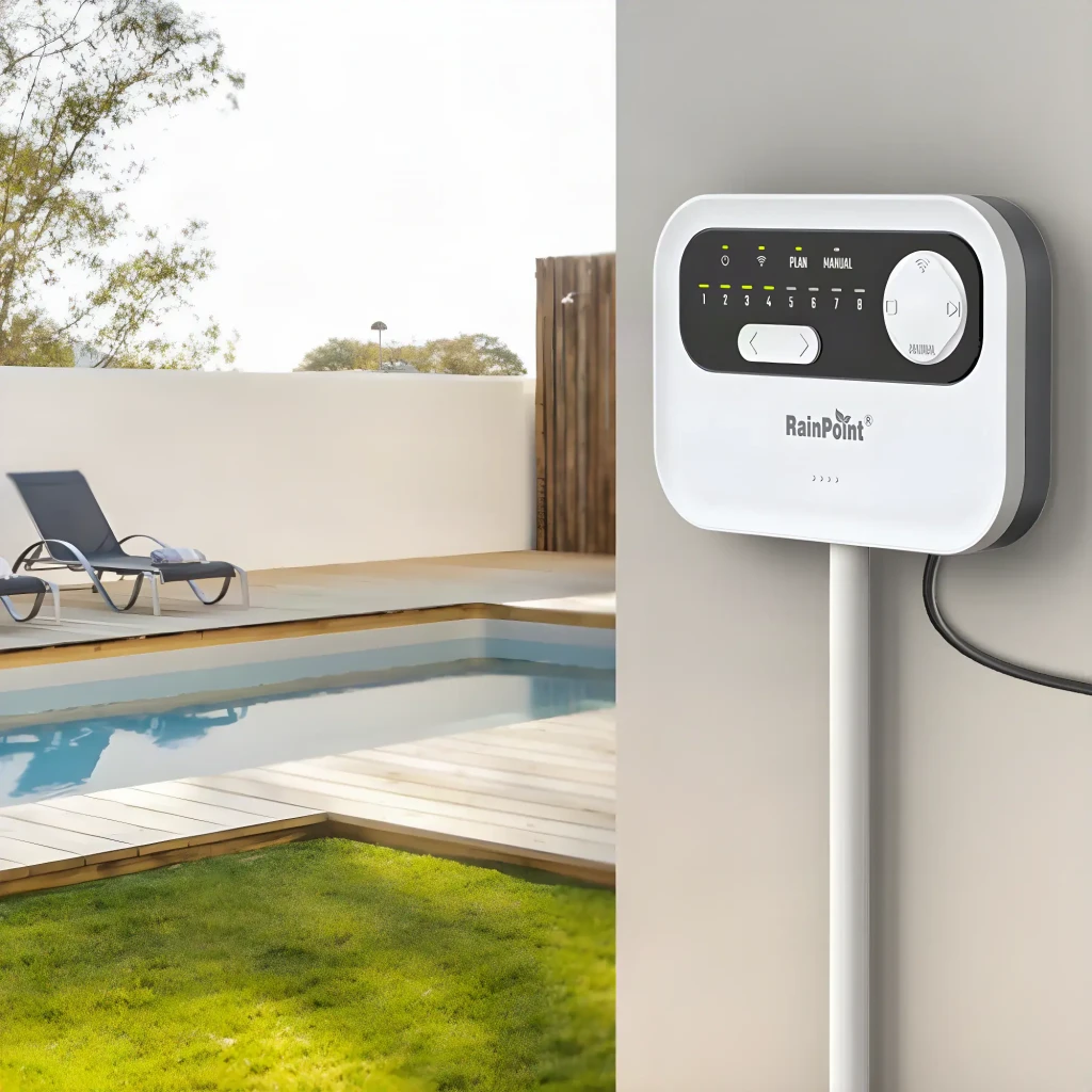 Programador de riego RainPoint Negro WiFi AC 24V HIC801W, en uso: montado en pared exterior con piscina y jardín al fondo