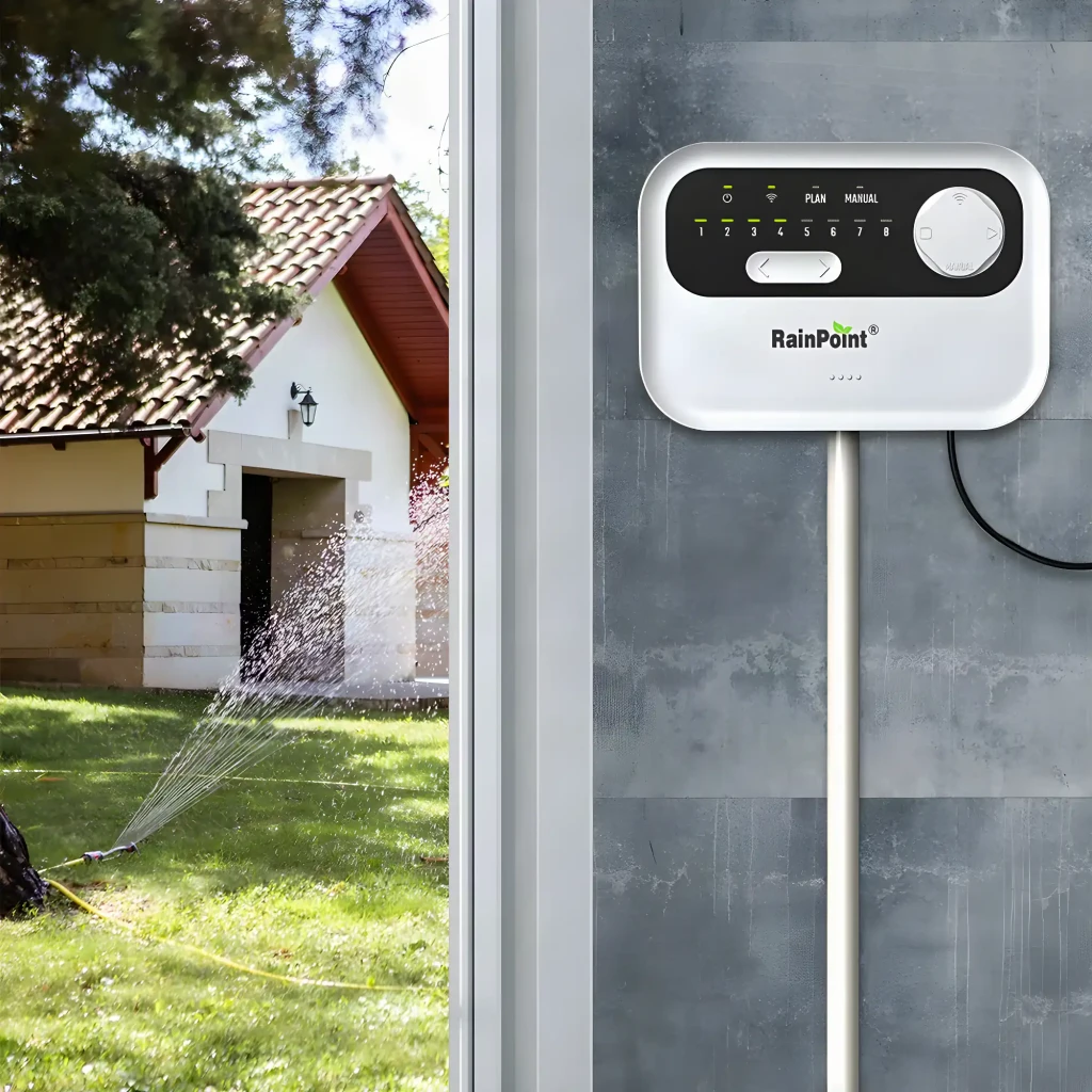 Programador de riego RainPoint Negro WiFi AC 24V HIC801W, en uso: montado en pared gris con aspersor activo en jardín