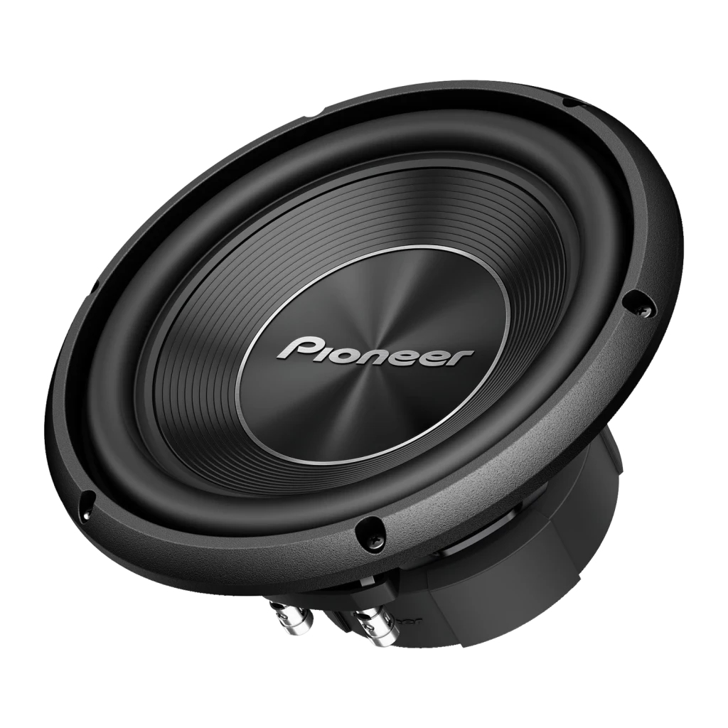 Subwoofer voiture Pioneer 25 cm (10 pouces) Passif DVC 400W RMS Noir TS-A250D4, vue de face: cône noir avec logo Pioneer