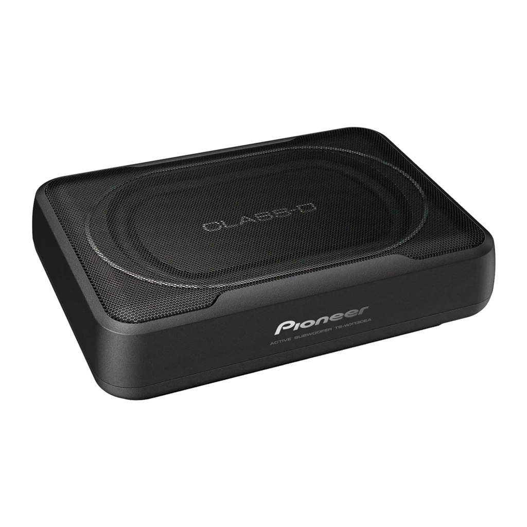 Caisson de basses pour voiture Pioneer Actif 160W RMS Noir TS-WX130EA, vue de face: boîtier compact noir avec grille
