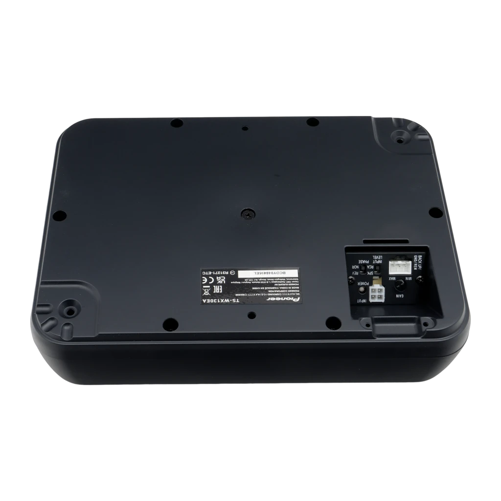 Caisson de basses pour voiture Pioneer Actif 160W RMS Noir TS-WX130EA, vue arrière: panneau de connexions, étiquette et vis