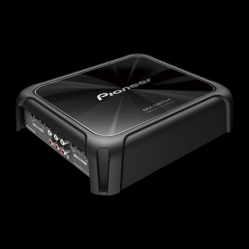 Amplificateur voiture Pioneer 4 canaux 1200W RMS Noir GM-D8704, vue de face: boîtier noir compact avec couvercle brillant