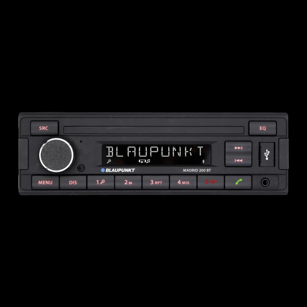 Autoradio Blaupunkt Madrid 200 BT Noir 1 DIN Bluetooth, vue de face: écran LED, molette, boutons rétroéclairés et port USB
