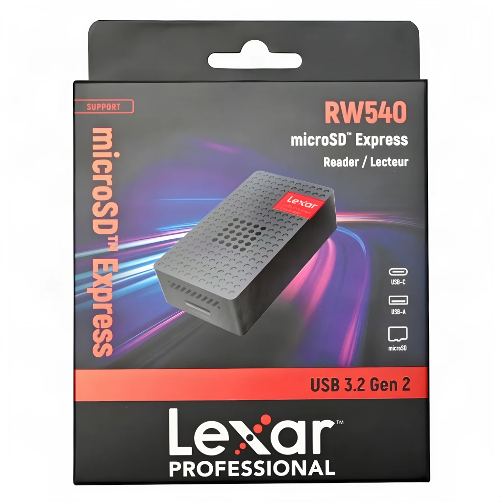 Lecteur de cartes Lexar RW540 microSD Express USB-C + USB-A USB 3.2 Gen 2 Noir, contenu de la boîte: emballage avant