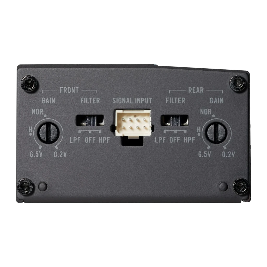 Amplificateur voiture Pioneer 4 canaux 45W x 4 RMS GM-DX104, vue arrière: connecteur signal input, boutons de gain