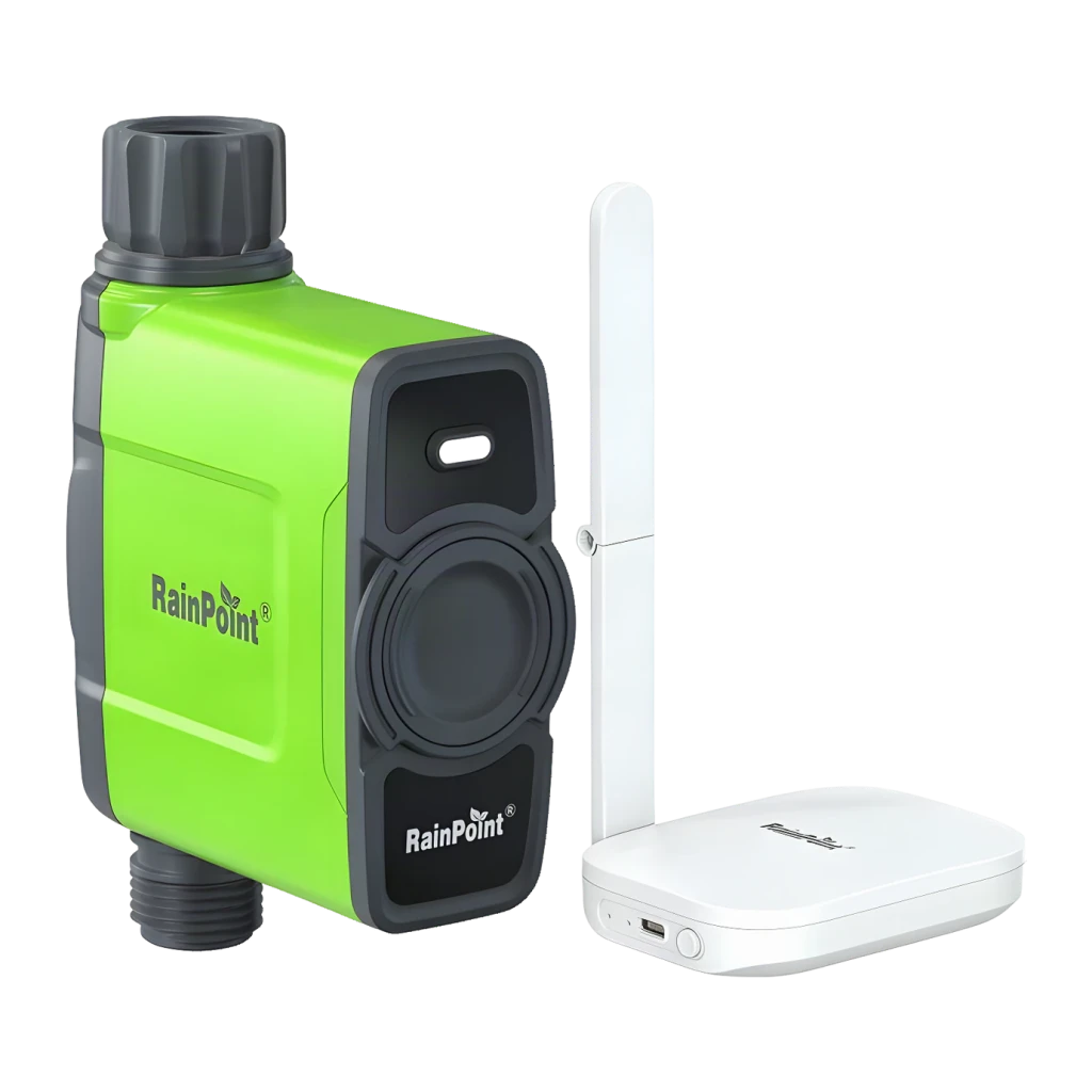 Programador de riego RainPoint WiFi 2,4 GHz 4 pilas AA HTV145FRF+HWG023WBRF, vista frontal: temporizador verde con conector