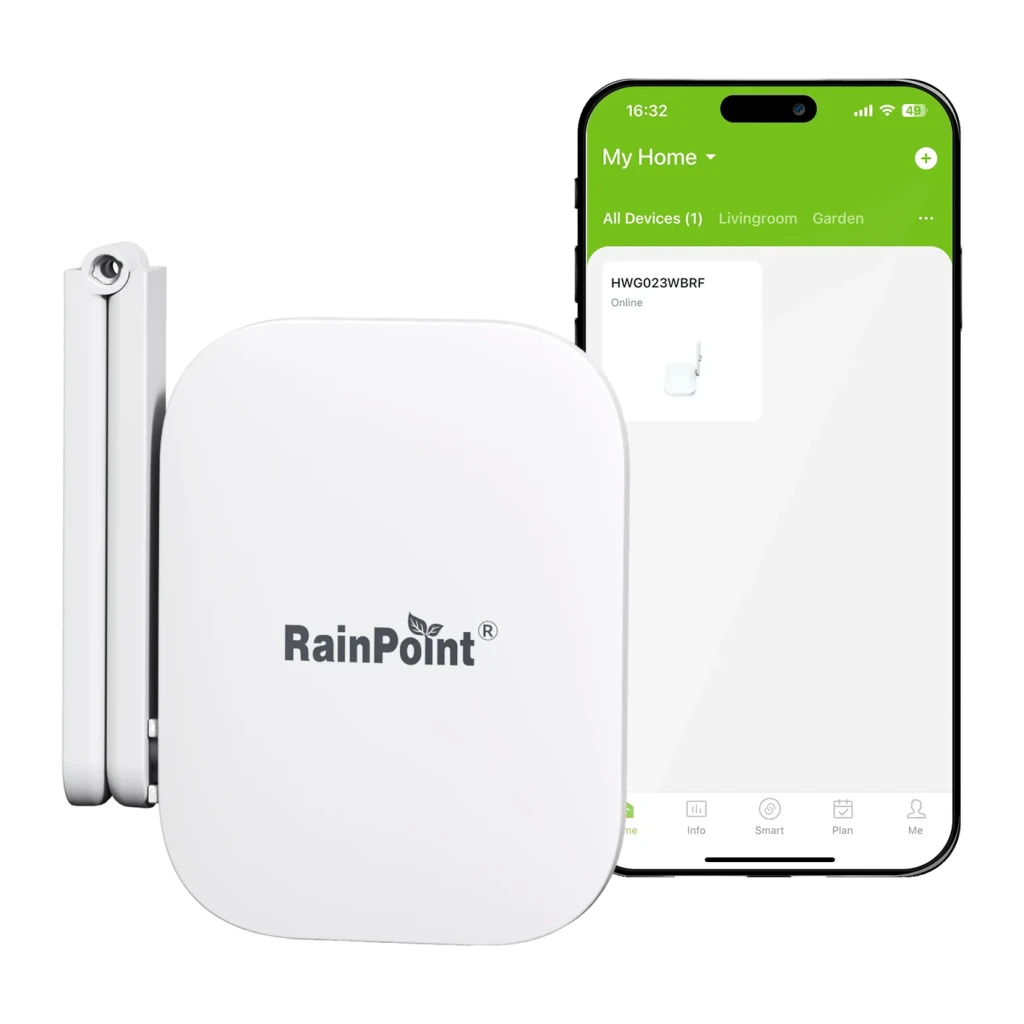 Programador de riego RainPoint WiFi 2,4 GHz 4 pilas AA HTV145FRF+HWG023WBRF, detalle: hub blanco con logo y app móvil