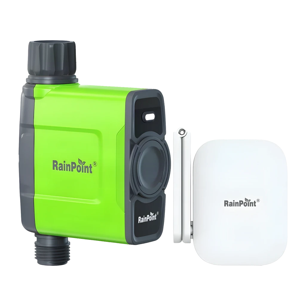 Programador de riego RainPoint WiFi 2,4 GHz 4 pilas AA HTV145FRF+HWG023WBRF, detalle: temporizador verde con hub WiFi blanco
