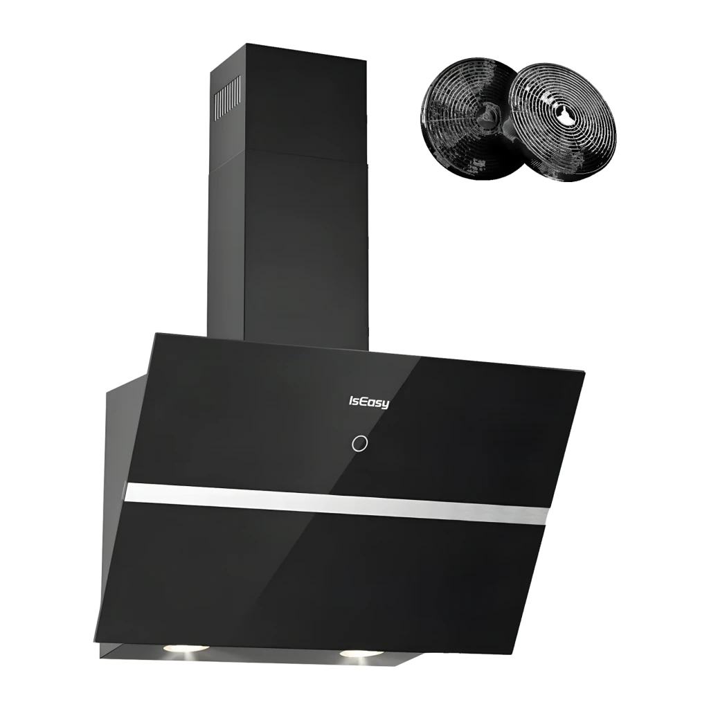 Campana extractora IsEasy 524 m³/h 4 velocidades Negro TV1360D4-CC-I2, detalle: panel de cristal inclinado, franja inox