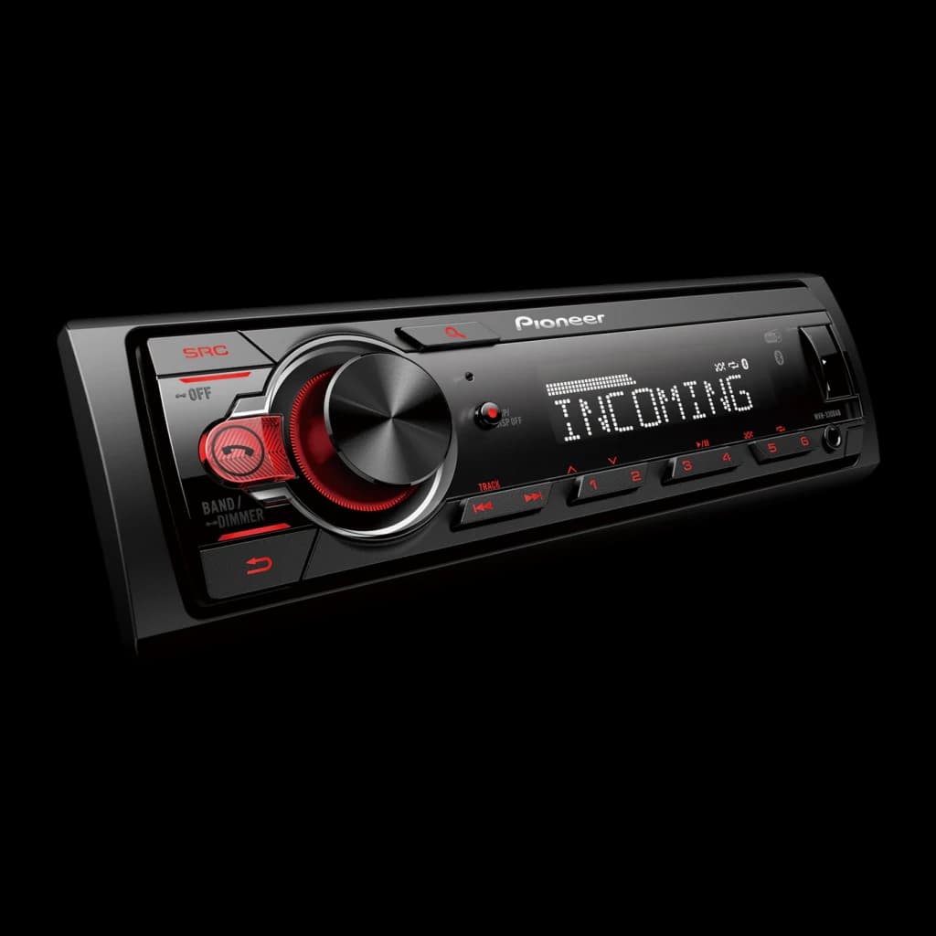 Auto-rádio Pioneer Preto 1 DIN Bluetooth MVH-330DAB, vista frontal: ecrã com INCOMING, botão giratório vermelho e teclas