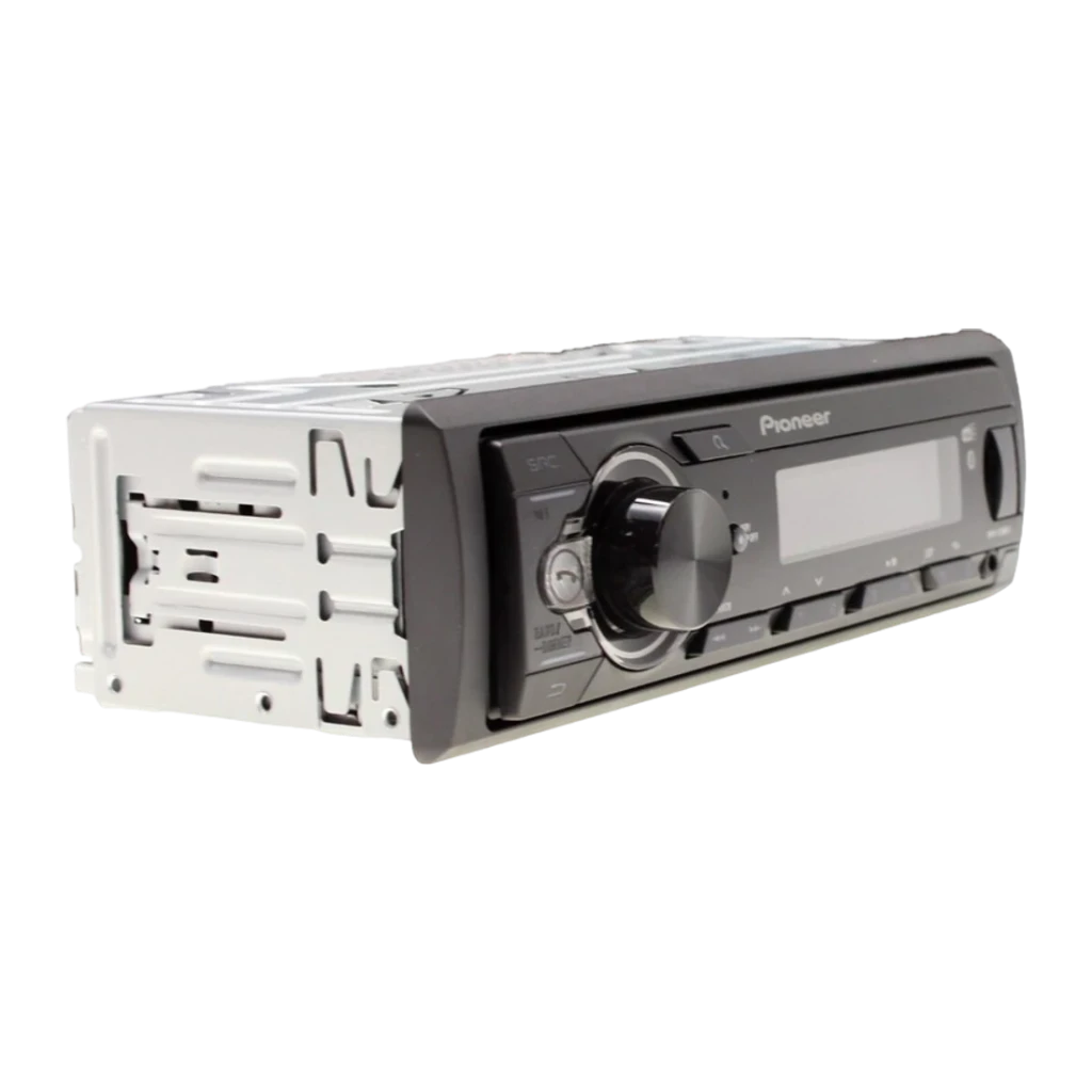 Auto-rádio Pioneer Preto 1 DIN Bluetooth MVH-330DAB, detalhe: vista em ângulo com carcaça lateral e painel frontal com botão
