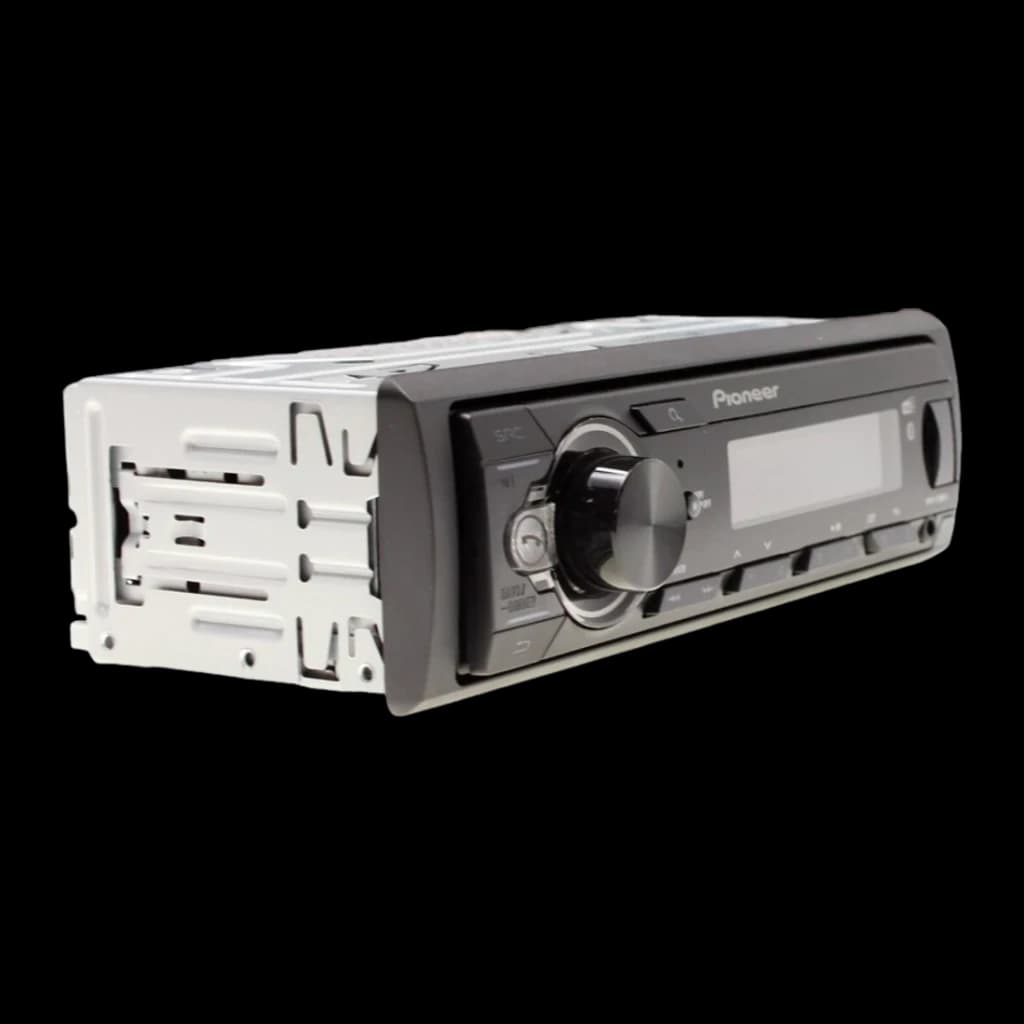 Auto-rádio Pioneer Preto 1 DIN Bluetooth MVH-330DAB, detalhe: vista em ângulo com carcaça lateral e painel frontal com botão