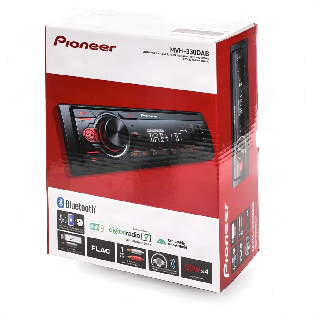 Auto-rádio Pioneer Preto 1 DIN Bluetooth MVH-330DAB, conteúdo da caixa: embalagem vermelha com unidade frontal, ícones