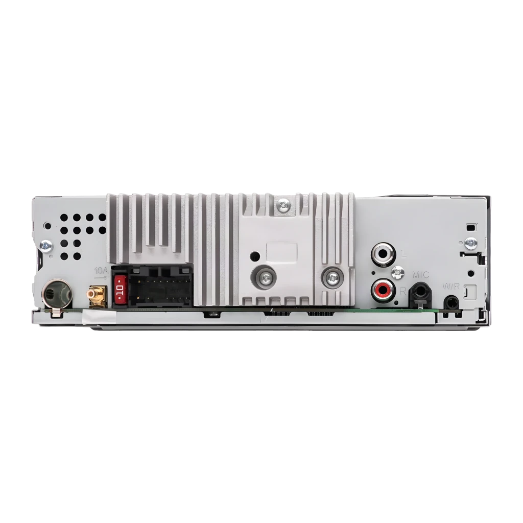Auto-rádio Pioneer Preto 1 DIN Bluetooth MVH-330DAB, vista traseira: conector ISO, fusível, saídas RCA e dissipador