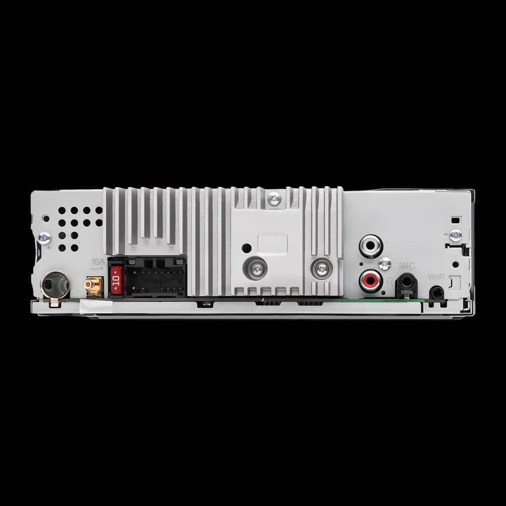 Auto-rádio Pioneer Preto 1 DIN Bluetooth MVH-330DAB, vista traseira: conector ISO, fusível, saídas RCA e dissipador