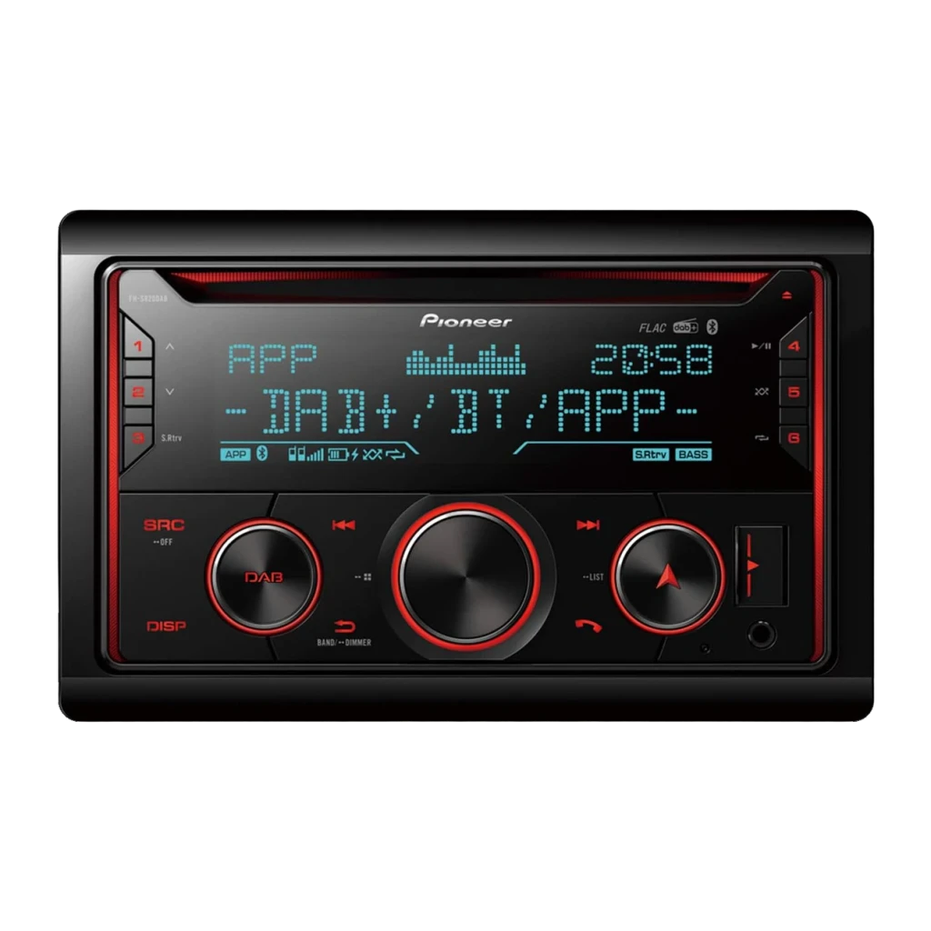 Auto-rádio Pioneer Preto 2 DIN Bluetooth FH-S820DAB, vista frontal: ecrã azul com DAB+/BT/APP e botões com iluminação