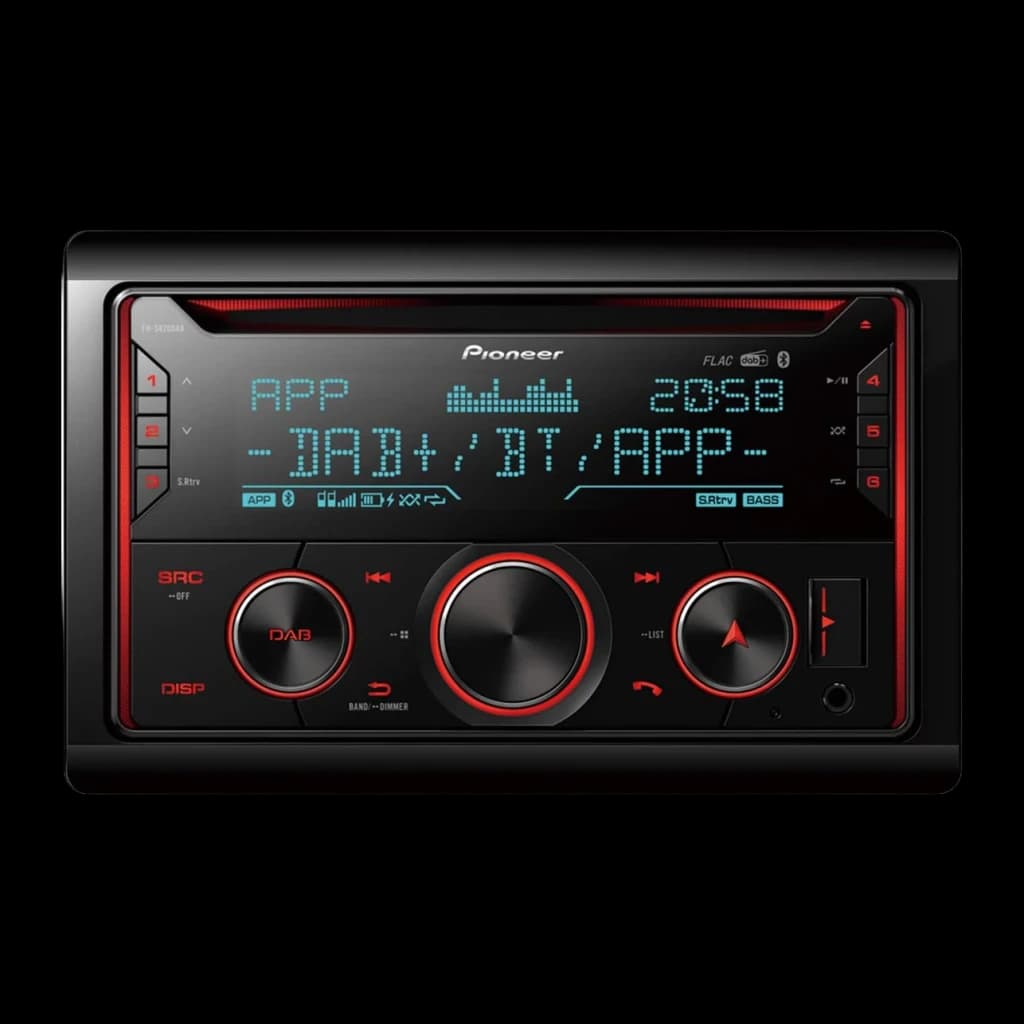 Auto-rádio Pioneer Preto 2 DIN Bluetooth FH-S820DAB, vista frontal: ecrã azul com DAB+/BT/APP e botões com iluminação