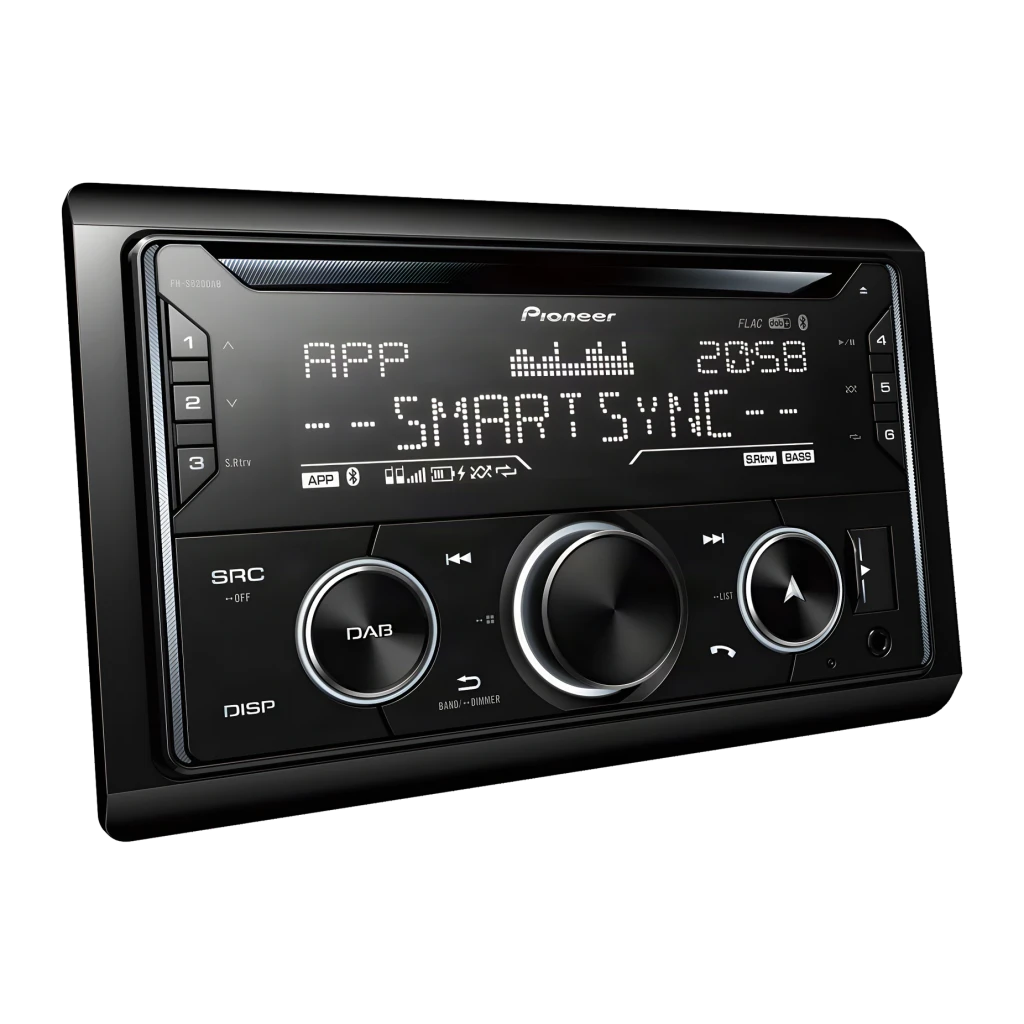 Auto-rádio Pioneer Preto 2 DIN Bluetooth FH-S820DAB, detalhe: ecrã aceso com SmartSync, botões DAB e controlos laterais