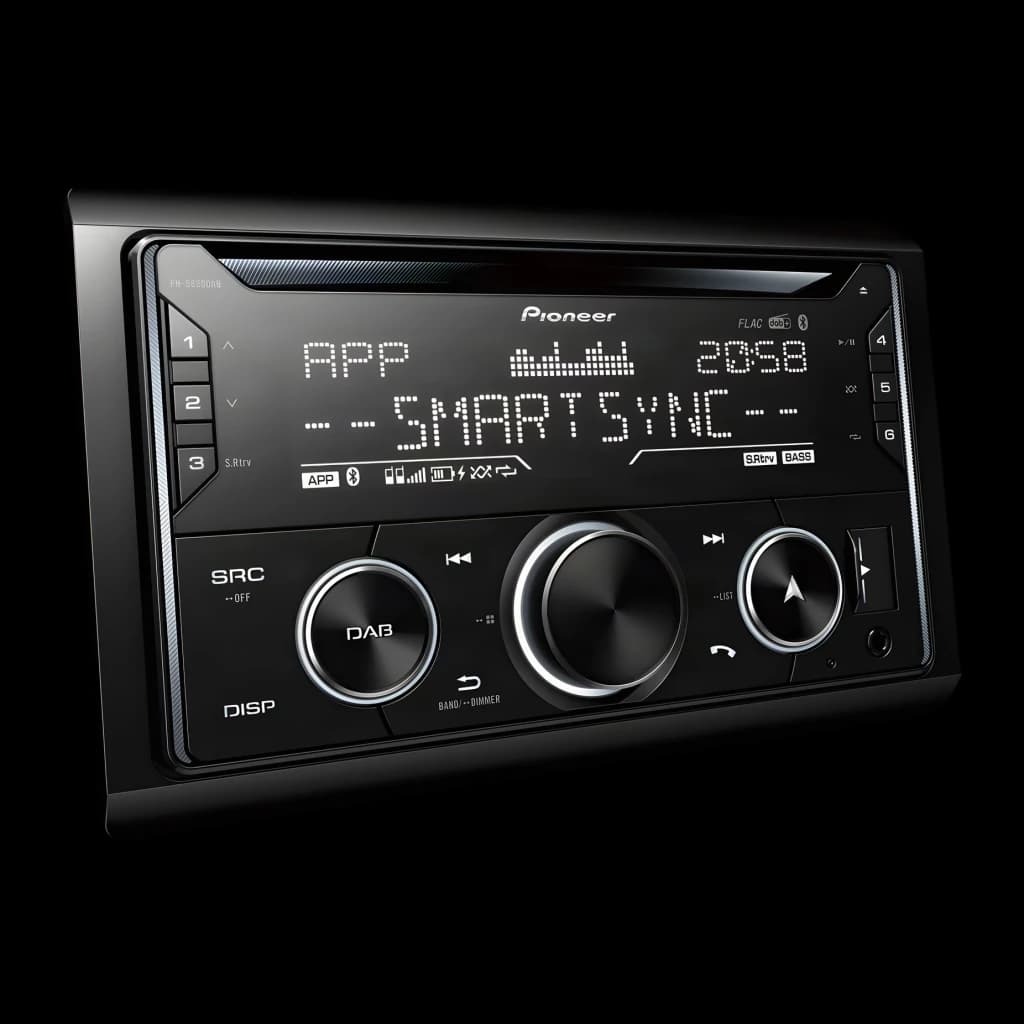 Auto-rádio Pioneer Preto 2 DIN Bluetooth FH-S820DAB, detalhe: ecrã aceso com SmartSync, botões DAB e controlos laterais