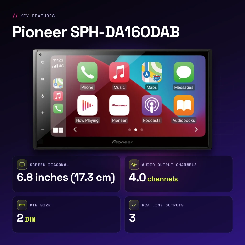 Autorradio Pioneer Negro CarPlay Android Auto Bluetooth 6.8 pulgadas SPH-DA160DAB - características