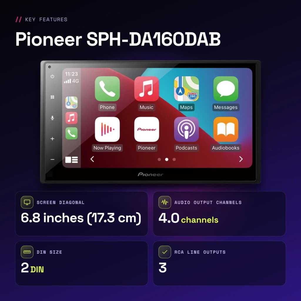Autorradio Pioneer Negro CarPlay Android Auto Bluetooth 6.8 pulgadas SPH-DA160DAB - características