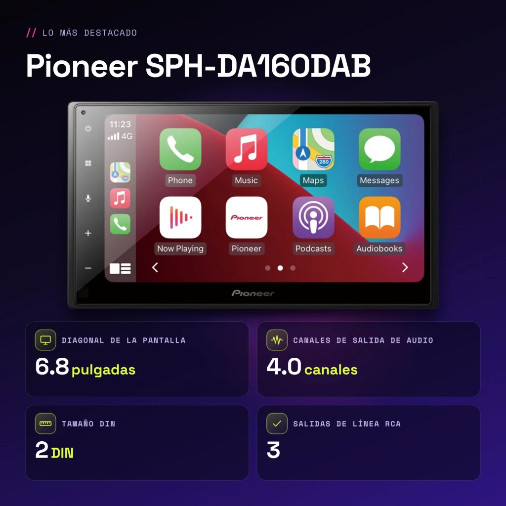Autorradio Pioneer Negro CarPlay Android Auto Bluetooth 6.8 pulgadas SPH-DA160DAB - características