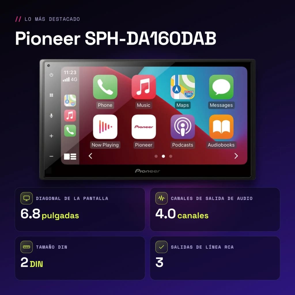 Autorradio Pioneer Negro CarPlay Android Auto Bluetooth 6.8 pulgadas SPH-DA160DAB - características