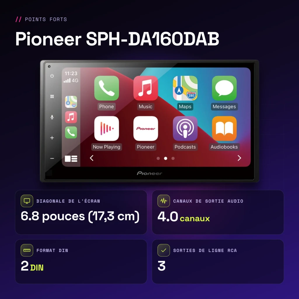 Autorradio Pioneer Negro CarPlay Android Auto Bluetooth 6.8 pulgadas SPH-DA160DAB - características