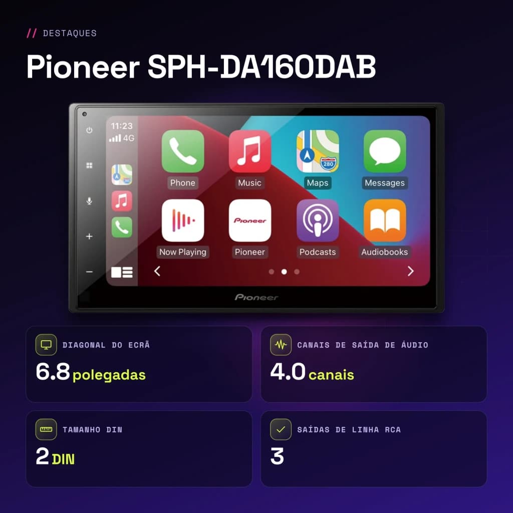 Autorradio Pioneer Negro CarPlay Android Auto Bluetooth 6.8 pulgadas SPH-DA160DAB - características