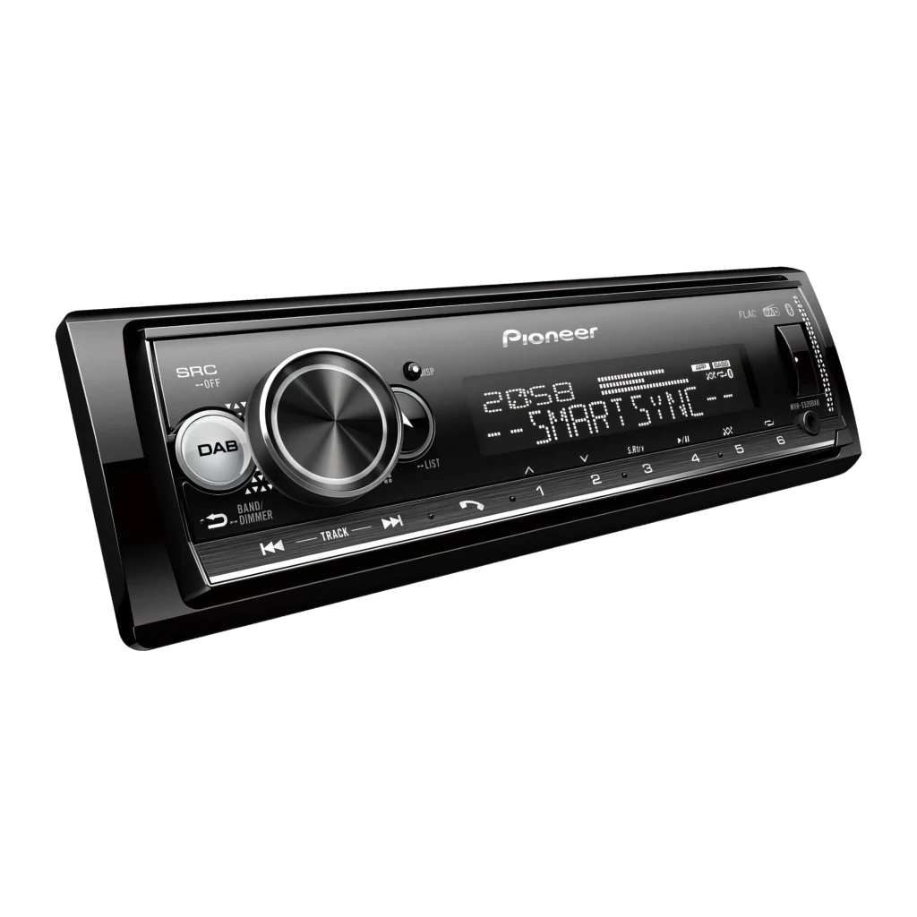 Autorradio Pioneer Negro Bluetooth 1 DIN MVH-S520DAB, vista frontal: pantalla LED con Smart Sync, mando giratorio y botón DAB