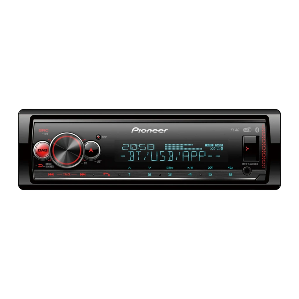 Autorradio Pioneer Negro Bluetooth 1 DIN MVH-S520DAB, detalle: pantalla iluminada en azul con texto BT/USB/APP y mando DAB