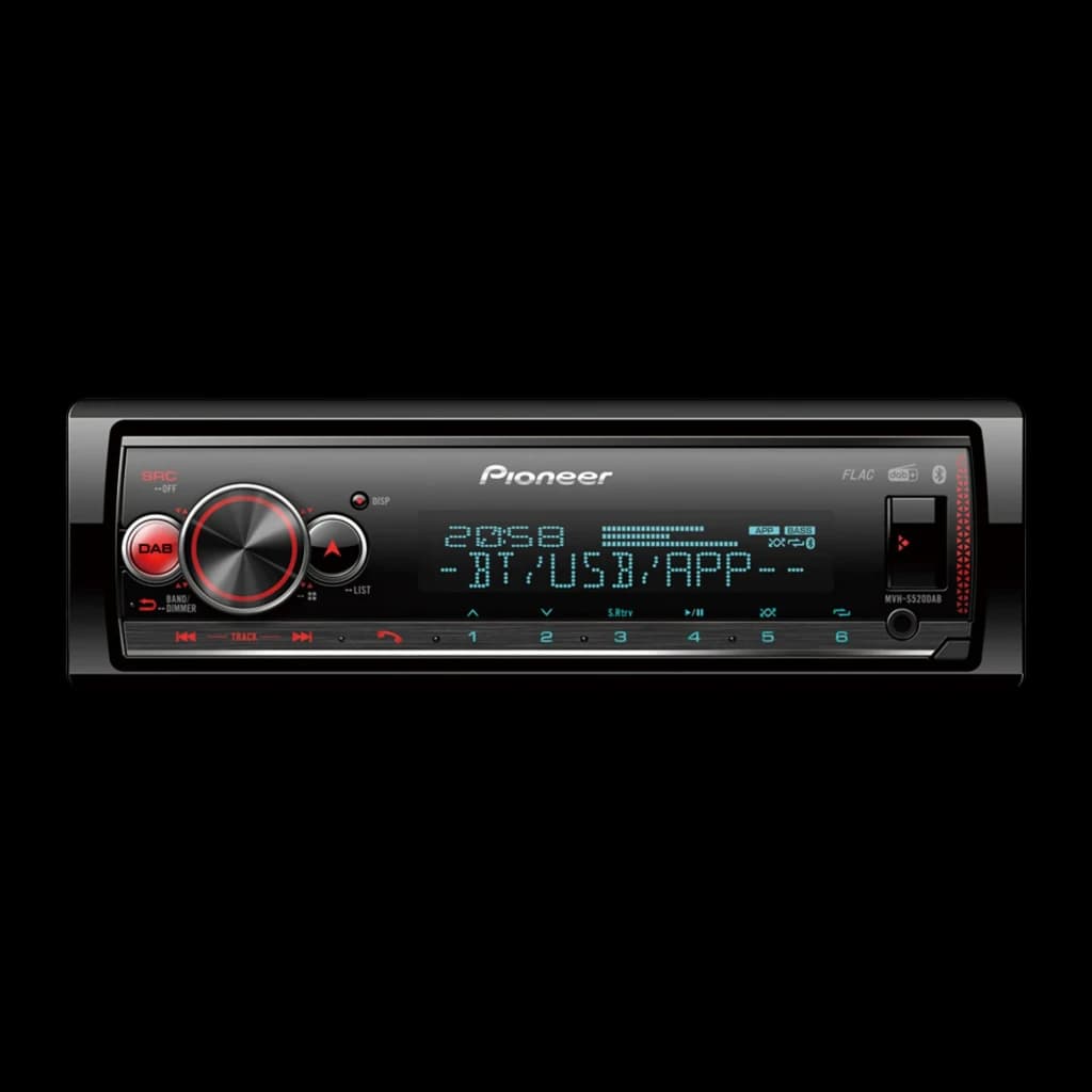 Autorradio Pioneer Negro Bluetooth 1 DIN MVH-S520DAB, detalle: pantalla iluminada en azul con texto BT/USB/APP y mando DAB