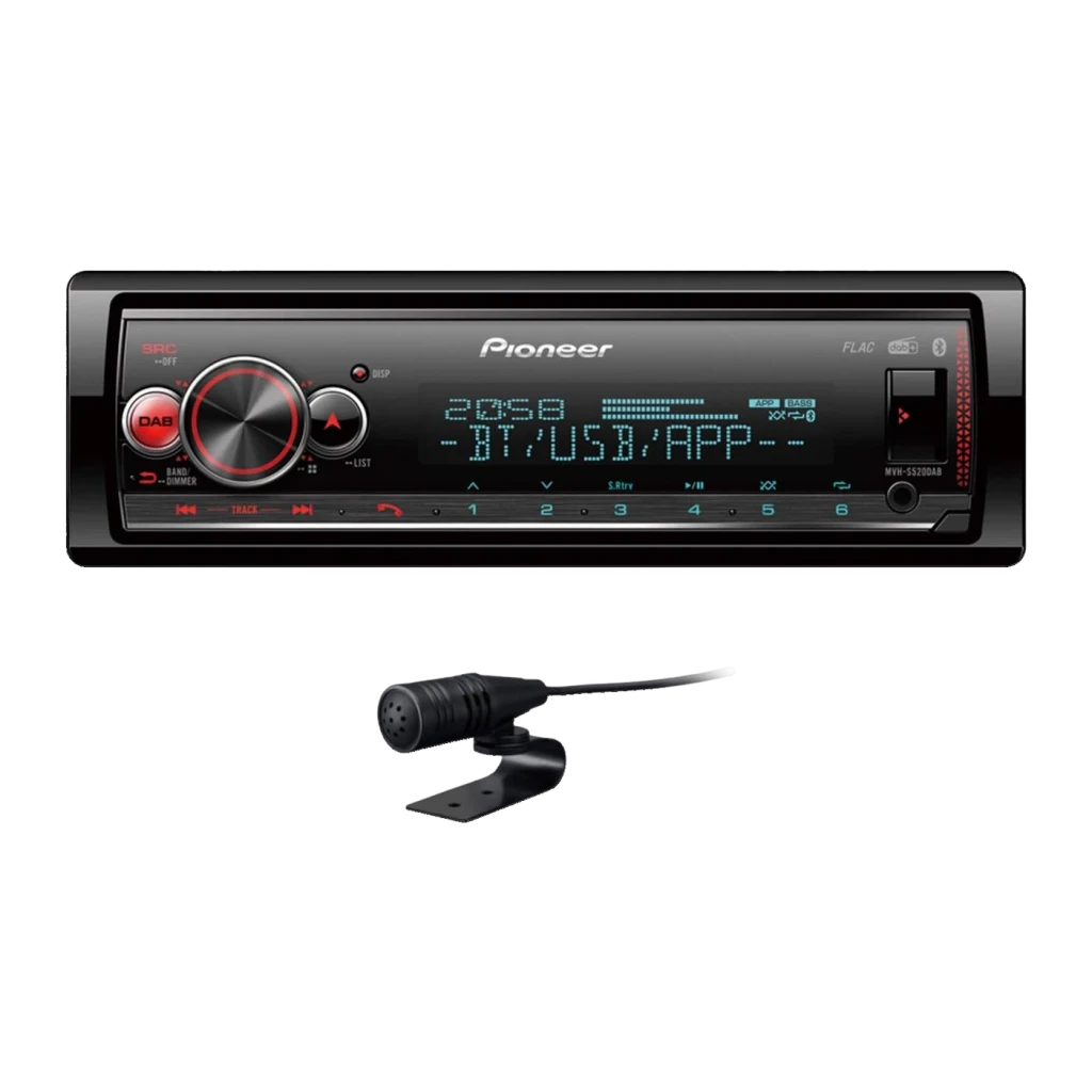 Autorradio Pioneer Negro Bluetooth 1 DIN MVH-S520DAB, detalle: pantalla iluminada BT/USB/APP, mando DAB rojo y micrófono