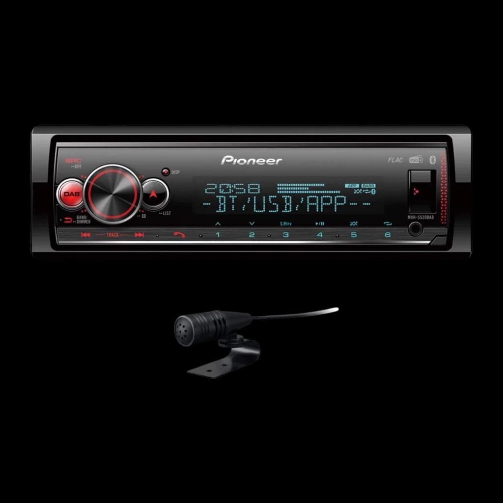 Autorradio Pioneer Negro Bluetooth 1 DIN MVH-S520DAB, detalle: pantalla iluminada BT/USB/APP, mando DAB rojo y micrófono