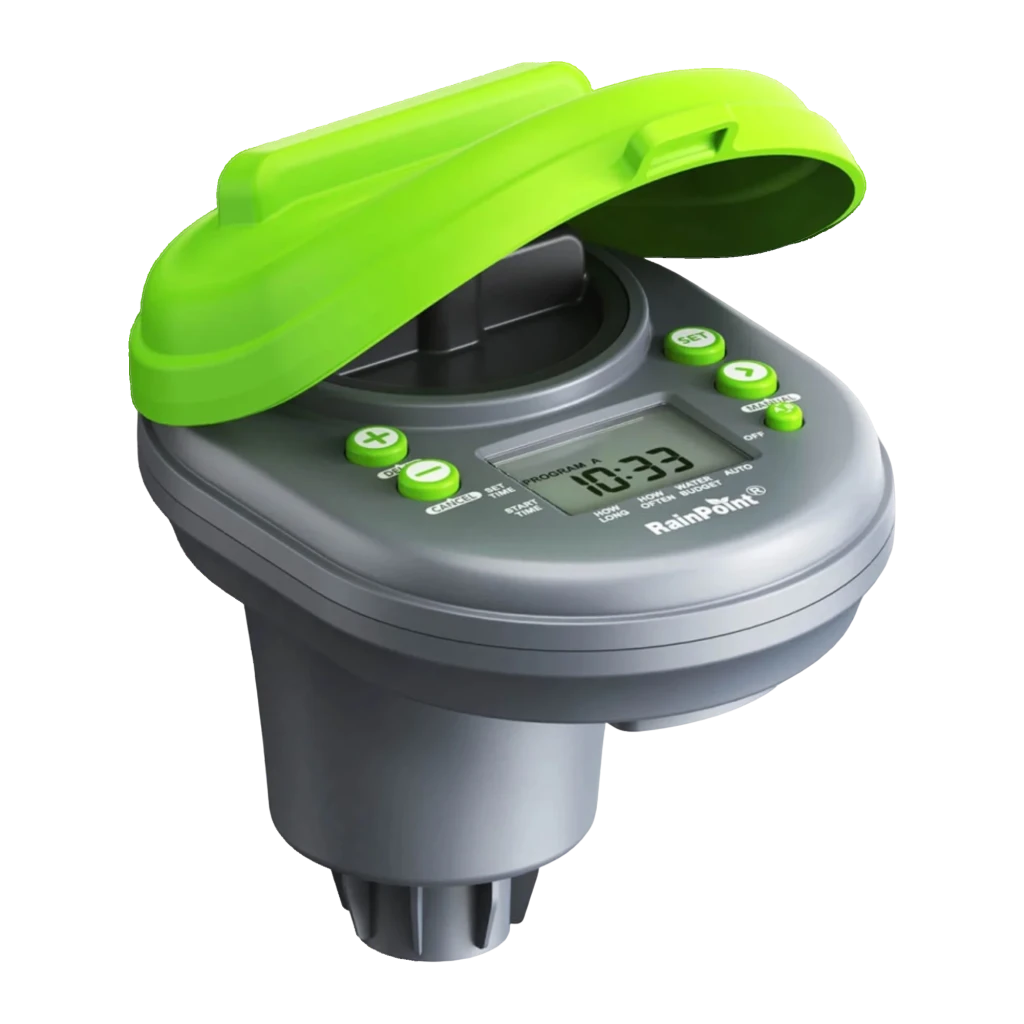 Programador de Riego RainPoint 4 Zonas Gris IP68 × AA ITC407, detalle: pantalla LCD, botones verdes y tapa protectora abierta