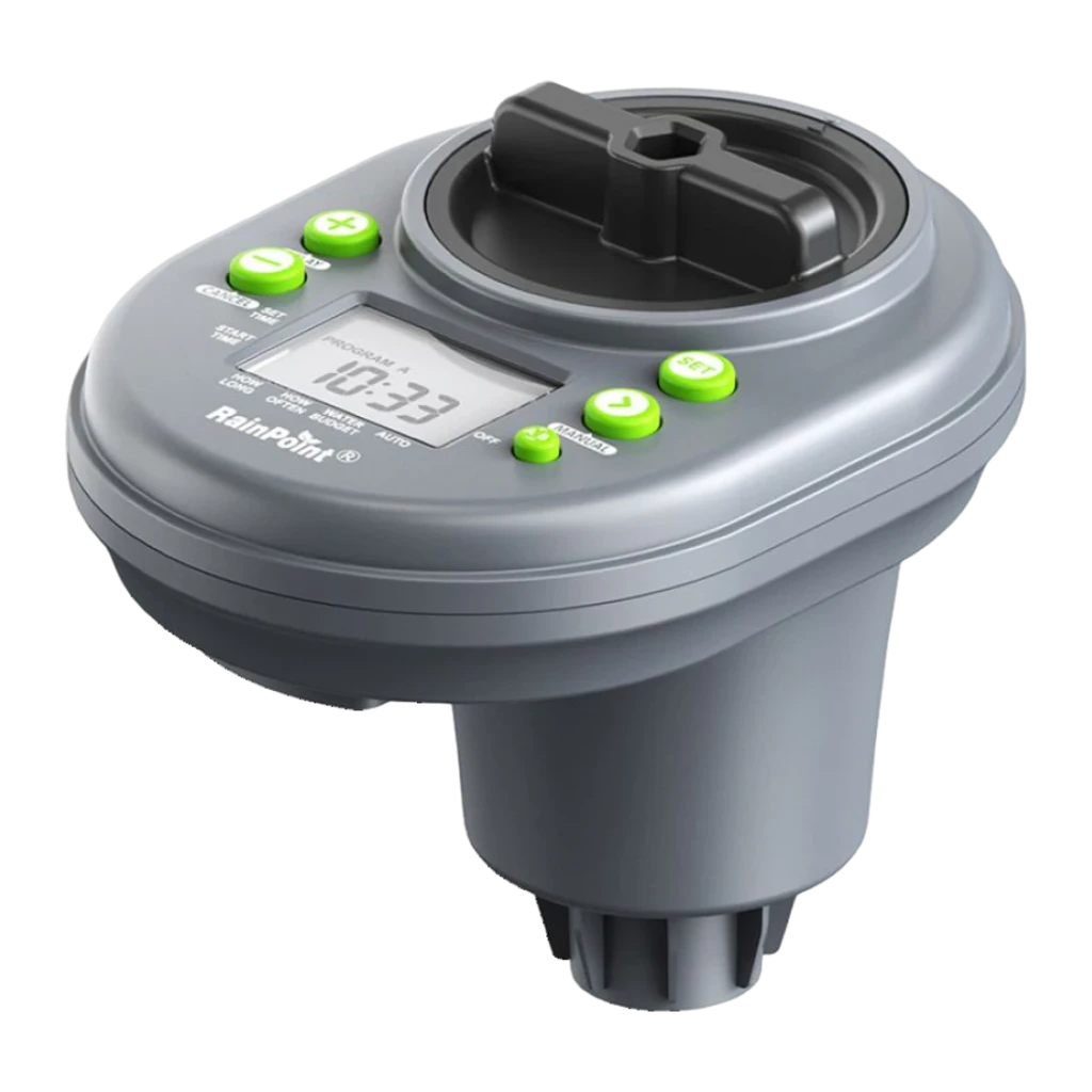 Programador de Riego RainPoint 4 Zonas Gris IP68 × AA ITC407, vista frontal: pantalla LCD, botones verdes y conector