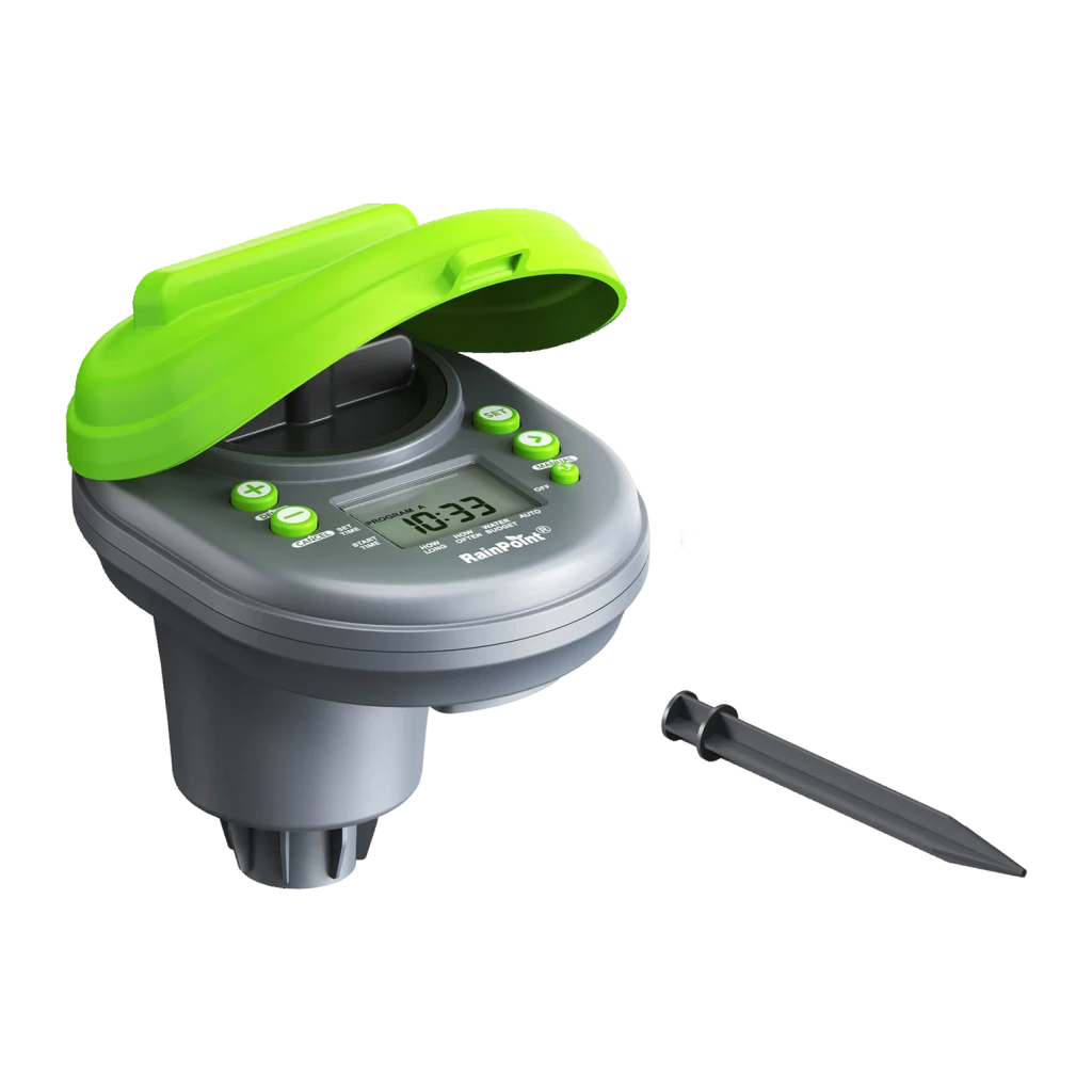 Programador de Riego RainPoint 4 Zonas Gris IP68 × AA ITC407, detalle: tapa verde abierta, pantalla LCD, botones