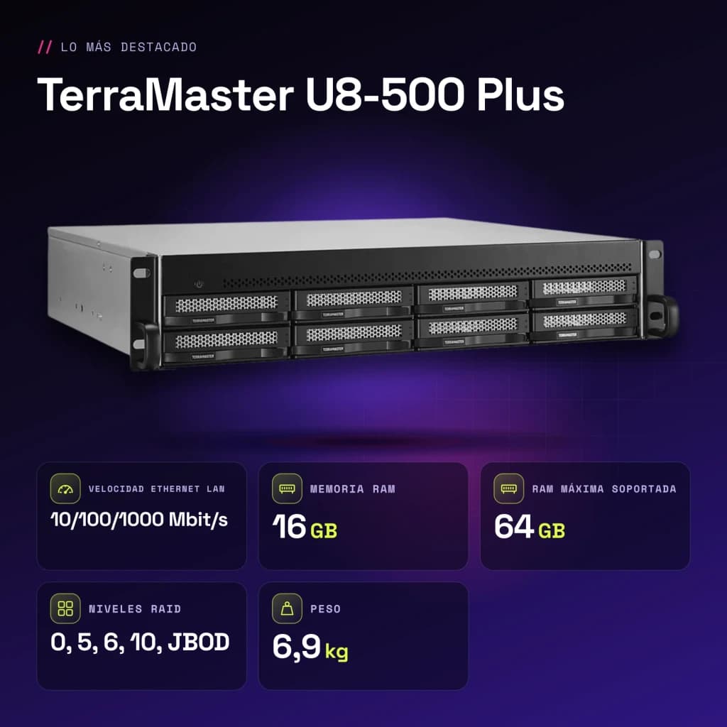 Servidor NAS TerraMaster 16GB Negro 8 Bahías Sin Discos 2× 10GbE U8-500 Plus - características