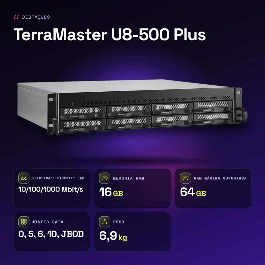 Servidor NAS TerraMaster 16GB Negro 8 Bahías Sin Discos 2× 10GbE U8-500 Plus - características