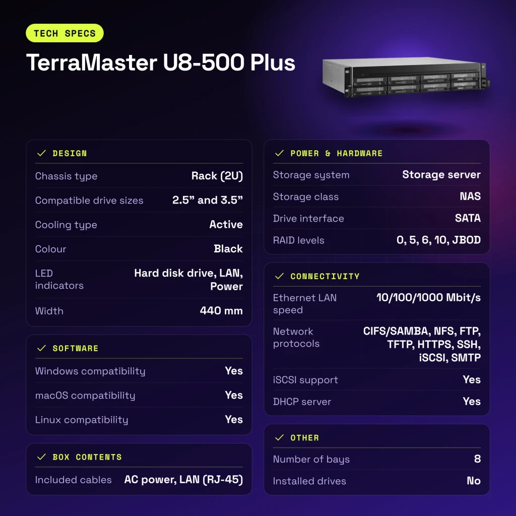 Serveur NAS TerraMaster 16 Go Noir 8 Baies Sans Disques 2× 10GbE U8-500 Plus - caractéristiques
