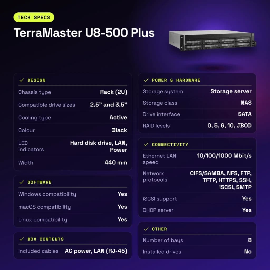 Servidor NAS TerraMaster 16GB Negro 8 Bahías Sin Discos 2× 10GbE U8-500 Plus - características