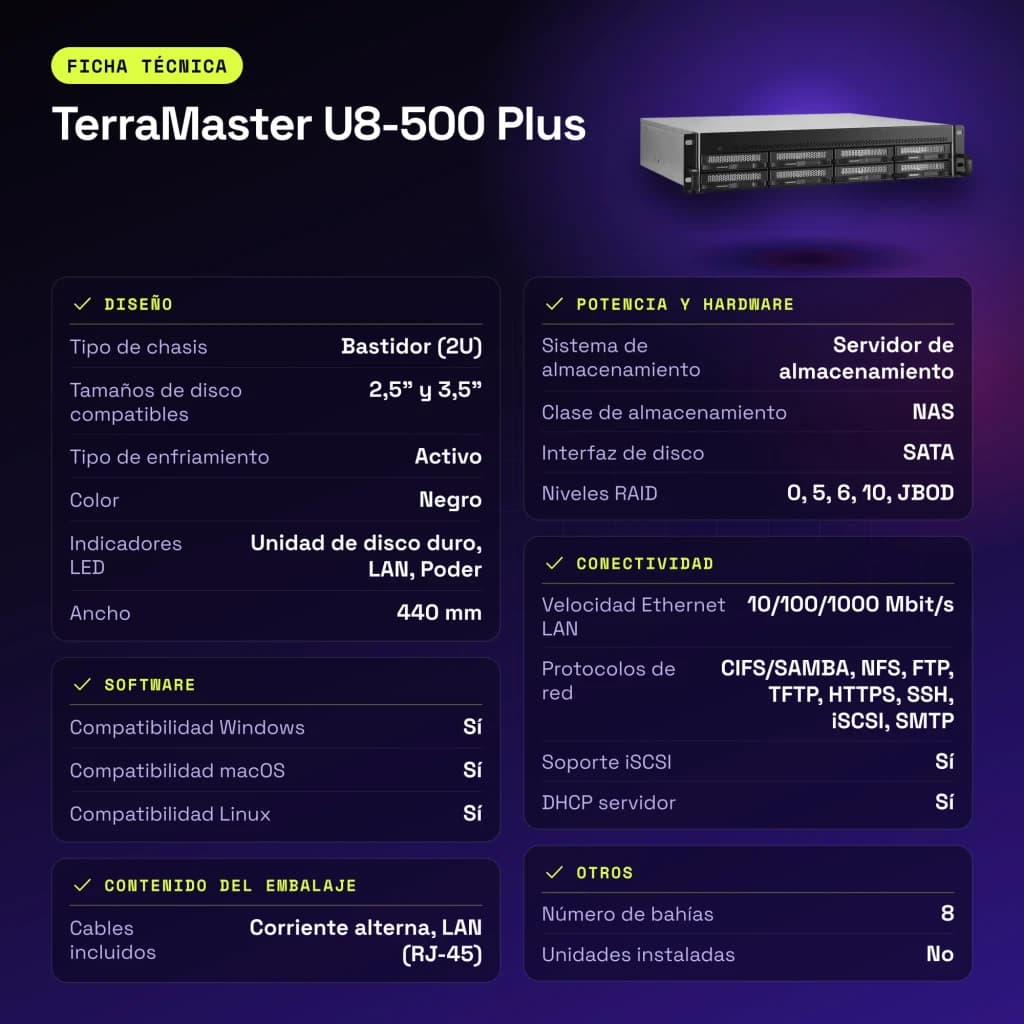 Servidor NAS TerraMaster 16GB Negro 8 Bahías Sin Discos 2× 10GbE U8-500 Plus - características