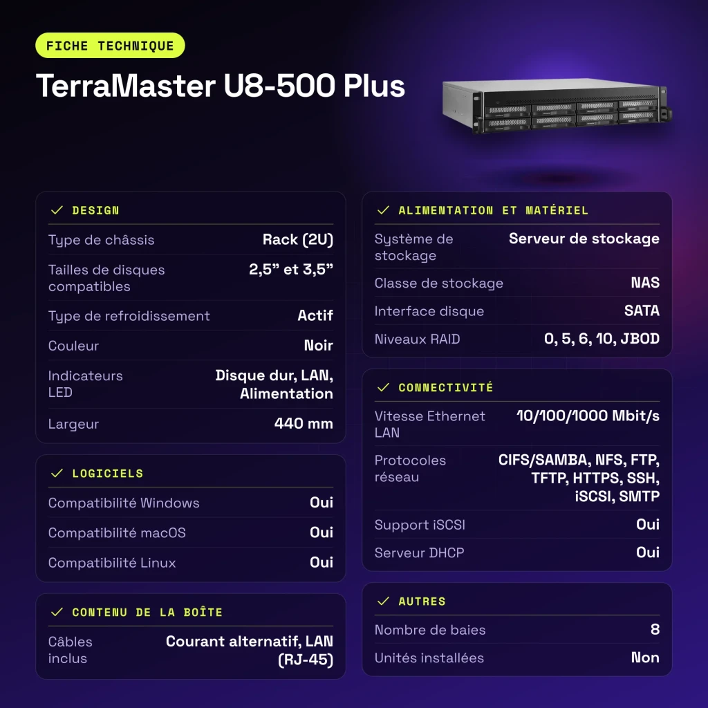 Serveur NAS TerraMaster 16 Go Noir 8 Baies Sans Disques 2× 10GbE U8-500 Plus - caractéristiques