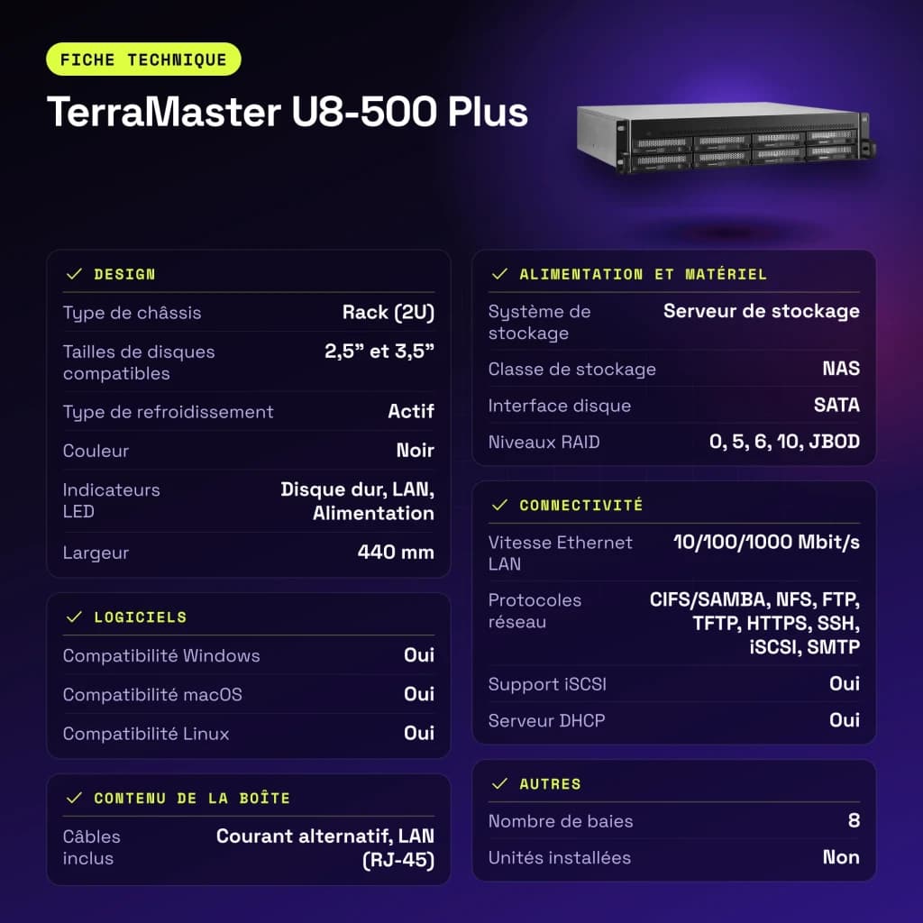 Servidor NAS TerraMaster 16GB Negro 8 Bahías Sin Discos 2× 10GbE U8-500 Plus - características